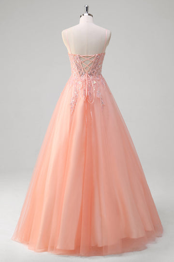Sparkly Peach A-Line Corset Floral Tulle Long Formal Dress with Beaded